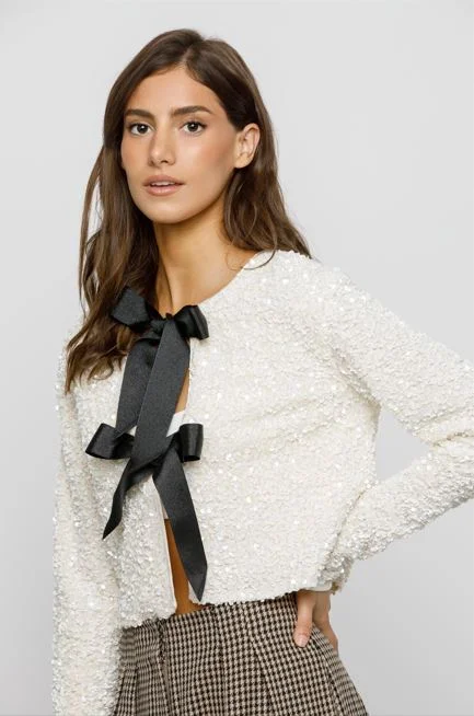 Shiloh Cream Tie-Front Sequined Jacket