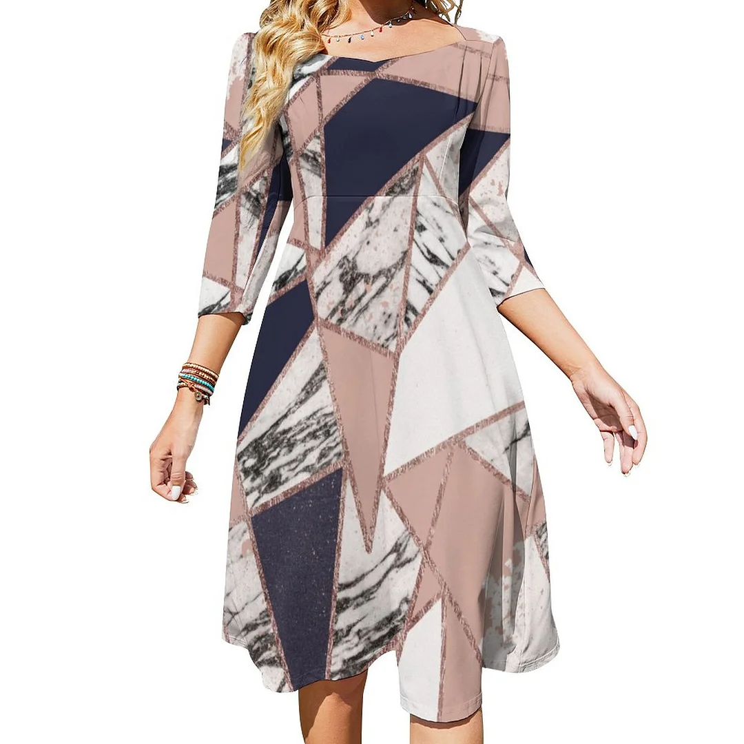 Geometric Navy Blue Peach Marble And Rose Gold Dress Sweetheart Tie Back Flared 3/4 Sleeve Midi Dresses