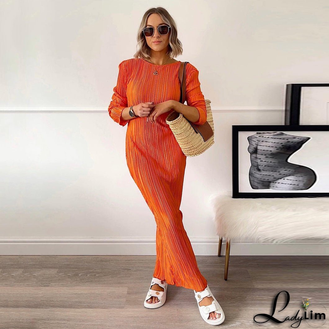 Autumn Office Pleated Slim High Waist Stretch Long Sleeve Pencil Maxi Dress Women