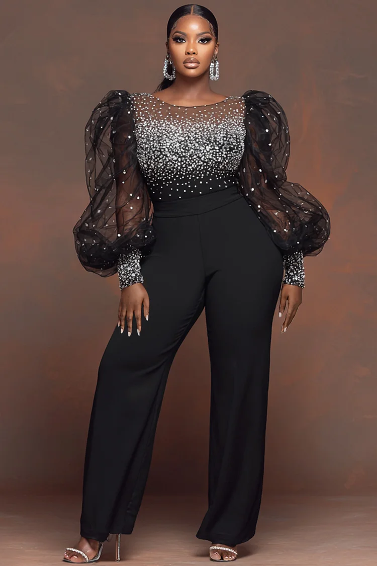Xpluswear Design Plus Size Formal Black Round Neck Puff Sleeve Long Sleeve Pocket Elegant Drilling Tulle Jumpsuits [Pre-Order]