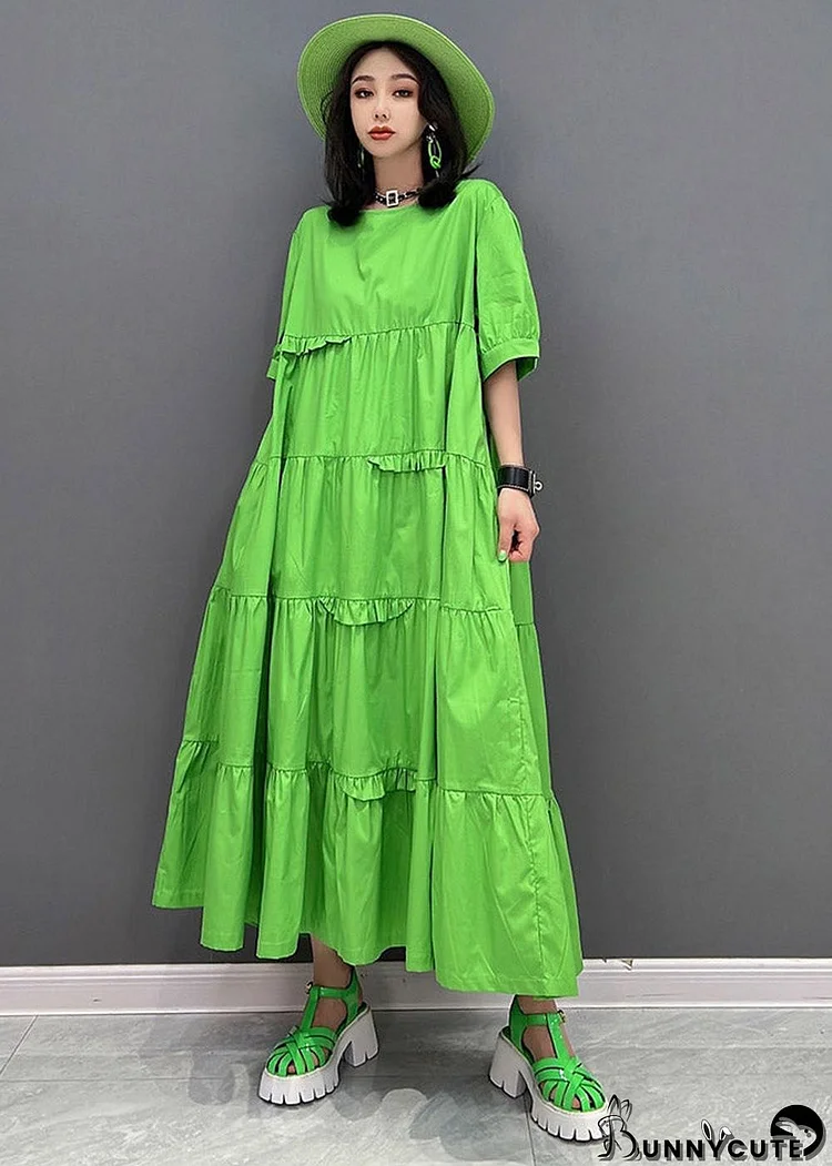 Style Green O-Neck Patchwork Pockets Ankle Dress Short Sleeve