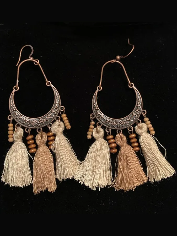 Women's Three-Color Tassel Earrings Wooden Beads Long