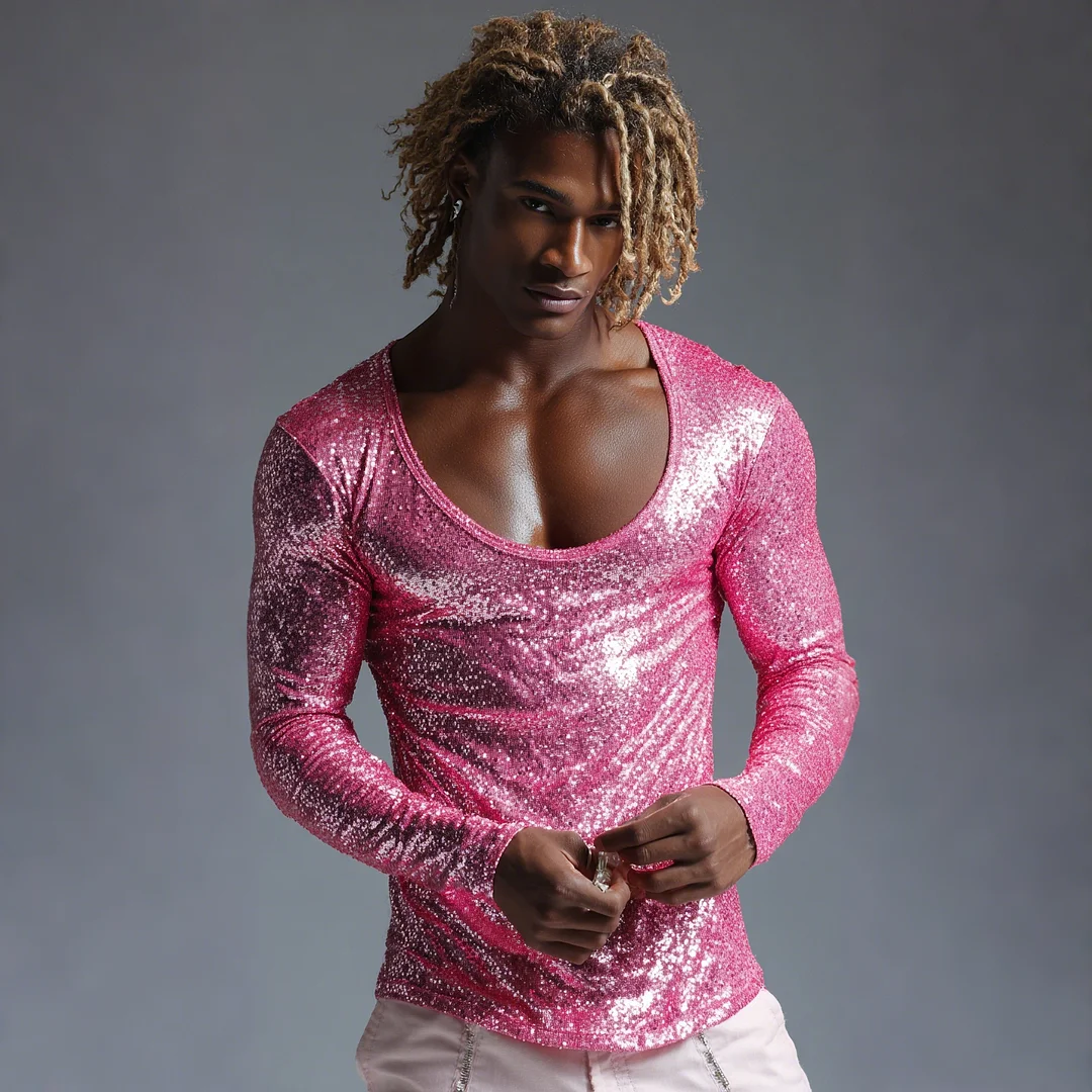 Men's Sequined Long-sleeved T-shirt With Subtle Shimmer, Sexy Low-cut Top-inspireuse