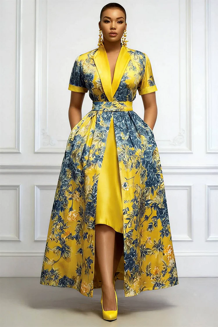 Xpluswear Design Plus Size Formal Yellow All Over Print Turndown Collar Short Sleeve Pocket With&nbsp;Skirt&nbsp;Overlay Satin Midi Dresses [Pre-Order] 2024 - Xpluswear