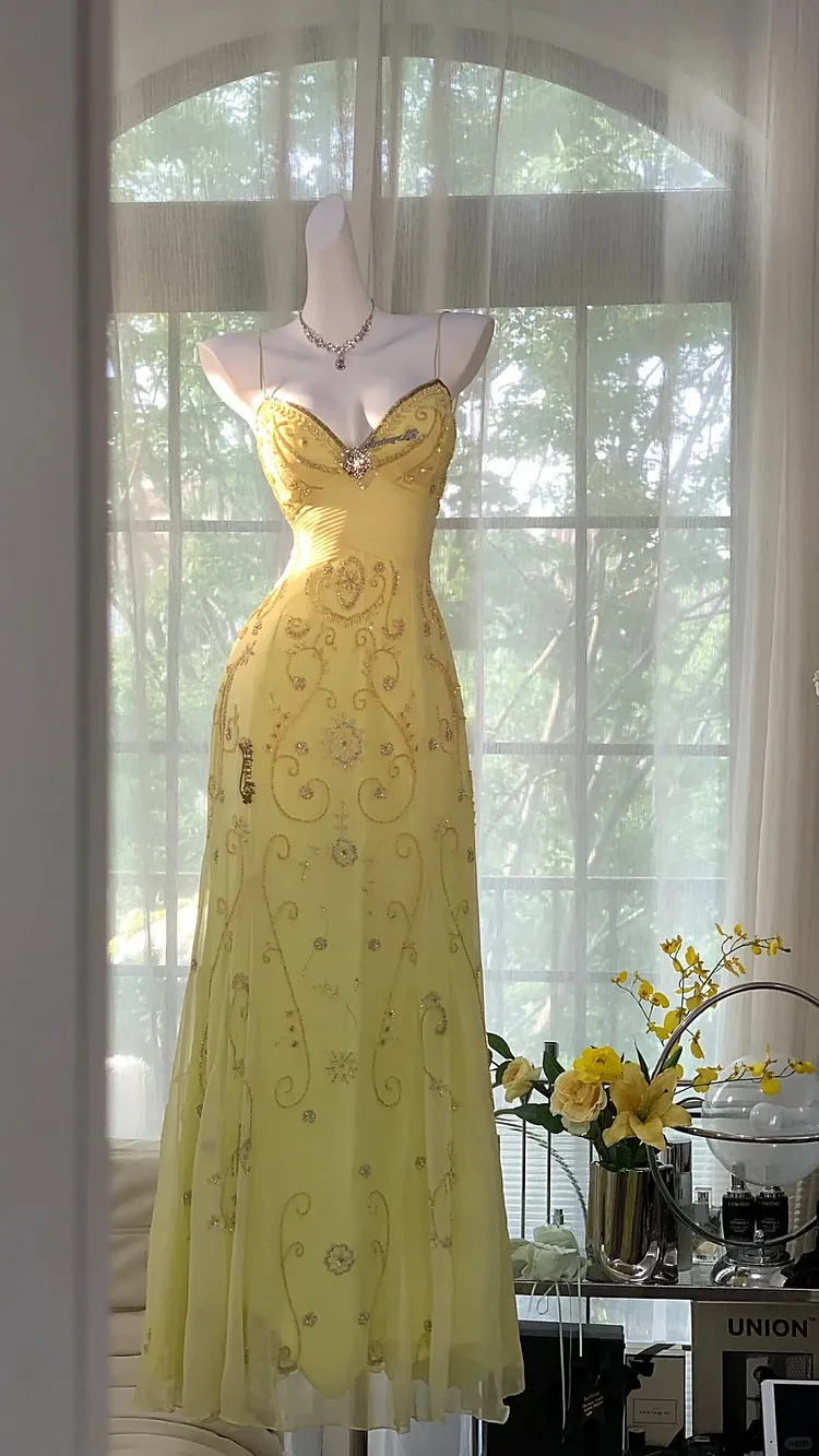 Yellow Gorgeous Exquisite Beaded Backless Spaetti Strap Long Chiffon Ball Gown Evening Dress Birthday/Holiday Party Dress Prom Dress