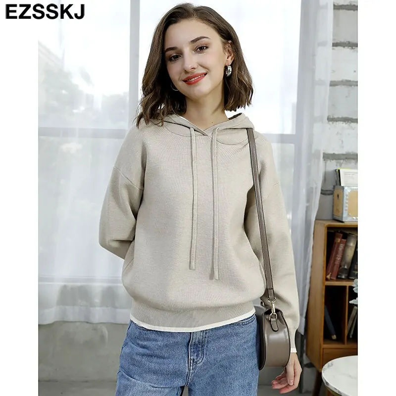 thick oversize Hooded pullovers women chic pure Color  hooded Top girls  loose Sportswear sweater top