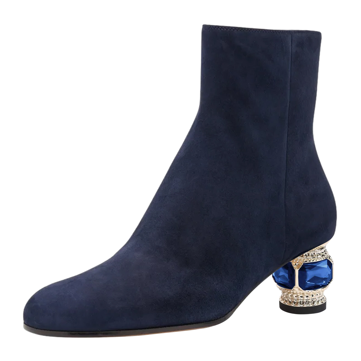 Navy Blue Faux Suede Pointed Toe Decorative Heel Side-Zip Ankle Boots Nicepairs