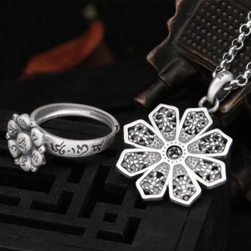 Om Mani Padme Hum Lotus 999 Sterling Silver Swastika Purity Rotatable Necklace Ring
