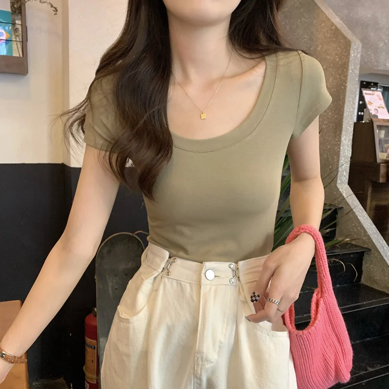 Brownm Brownm Color Casual Versatile Short-Sleeved T-Shirt Women With A Bottom Shirt 2024 Summer Slim U-Collar Student Jacket Ins Tide