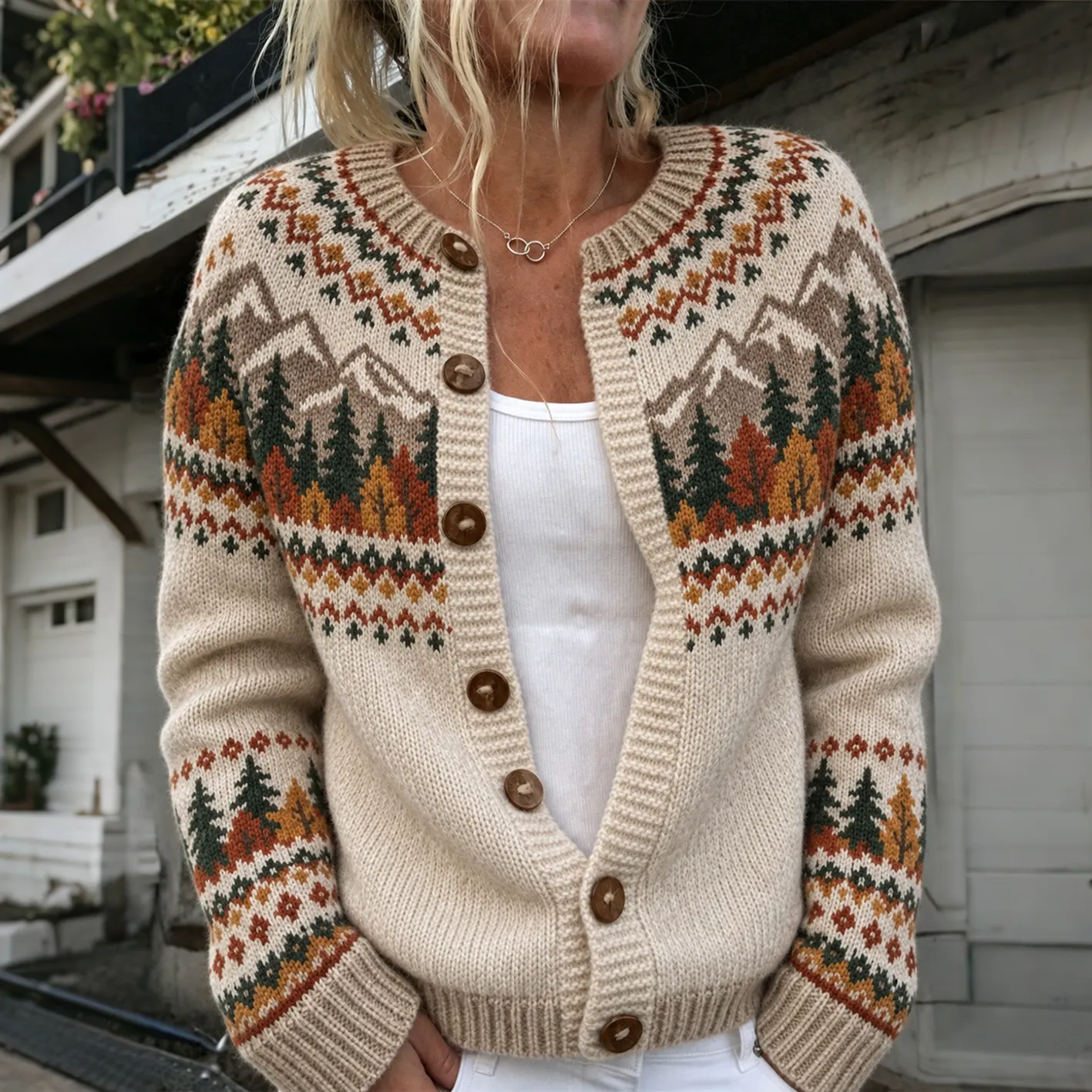 Comstylish Women's Autumn Landscape Pattern Knit Cardigan