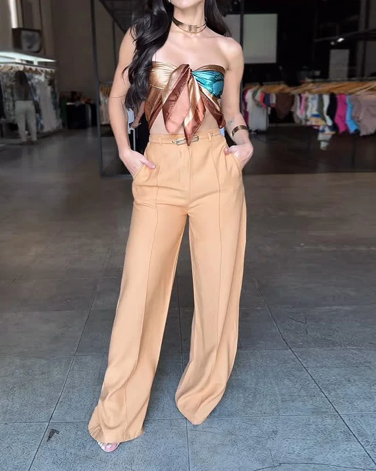Sleeveless tie-strap printed two-piece suit