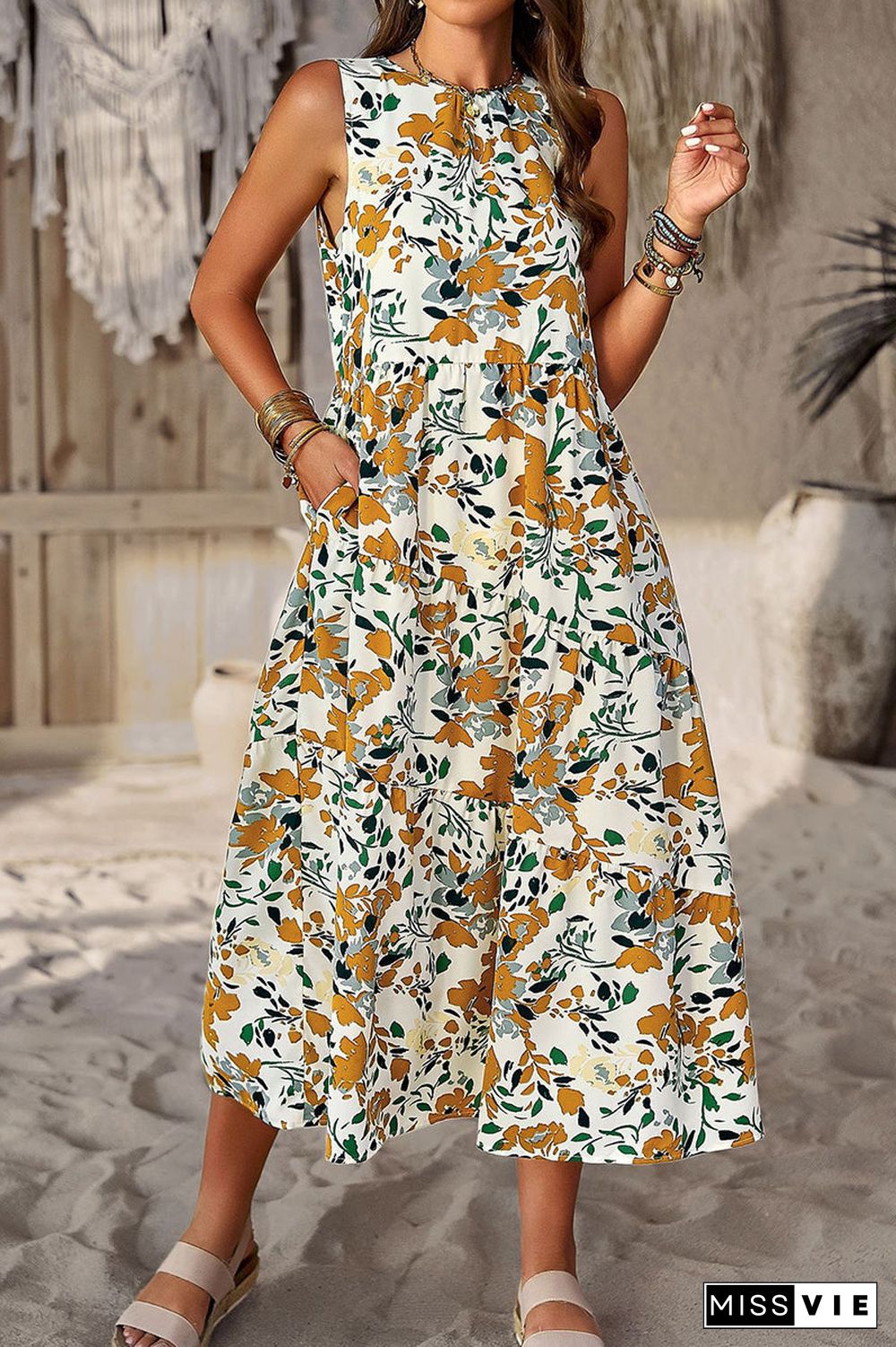 Elegant Floral Pocket Contrast O Neck A Line Dresses