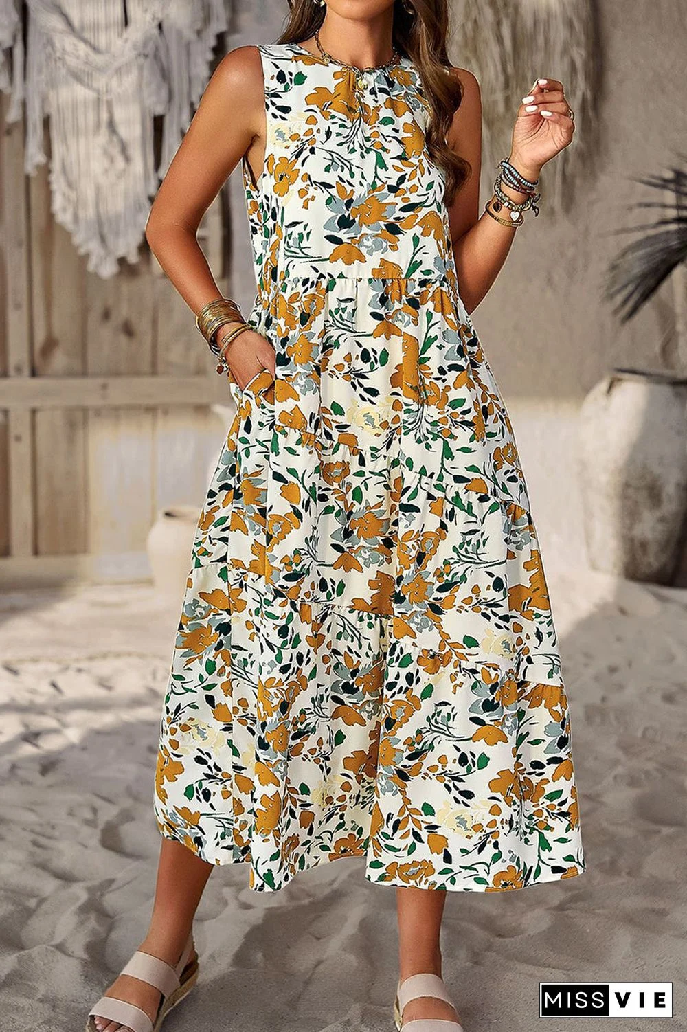 Elegant Floral Pocket Contrast O Neck A Line Dresses