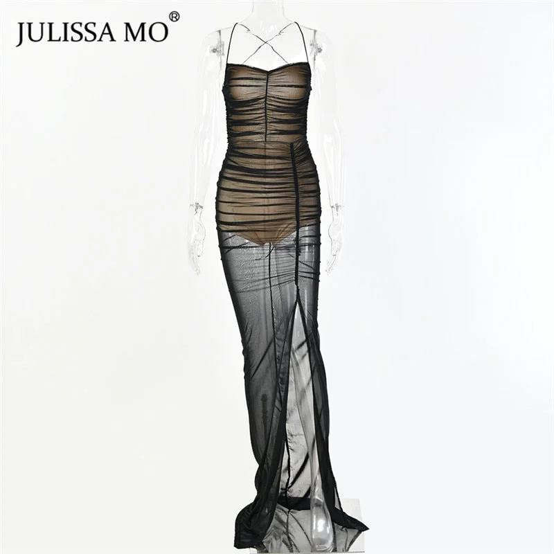 JULISSA MO Black Mesh See Through Long Dress Women Sexy Backless Bodycon Summer Dress 2020 Female Split Night Party Vestidos