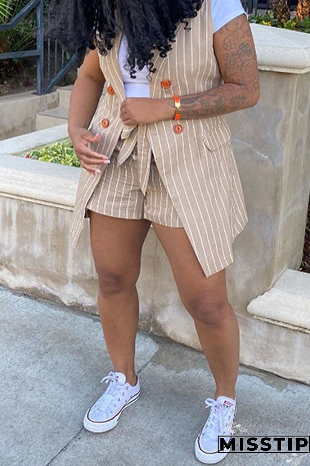 Khaki Fashion Casual Striped Print Patchwork Cardigan Turndown Collar Plus Size Two Pieces (Without T-shirt)