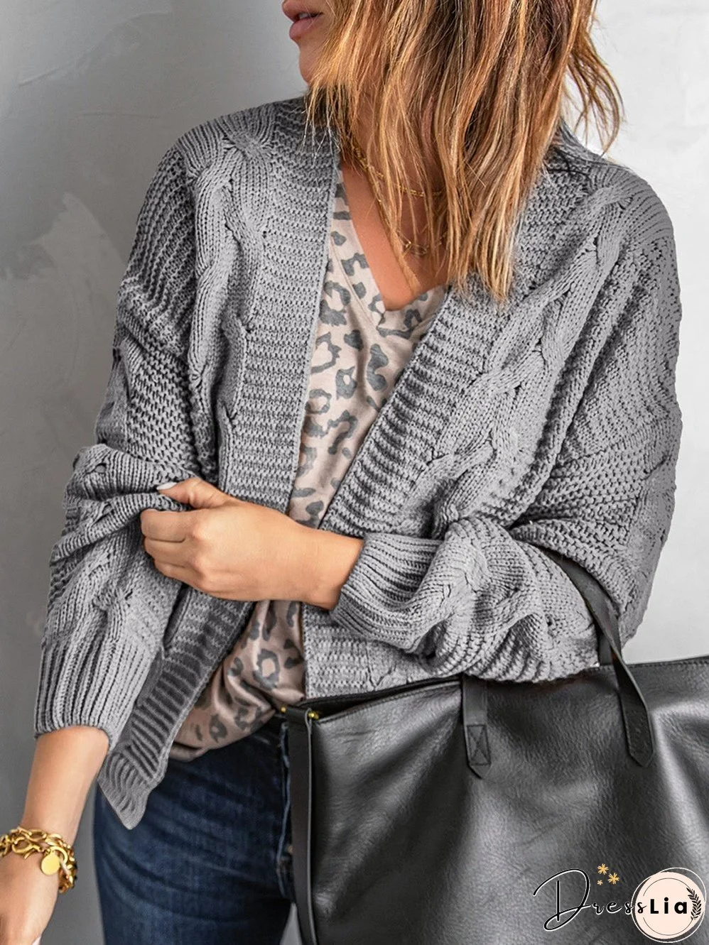 Chunky Gray V-Neck Knit Cardigan with Long Sleeves