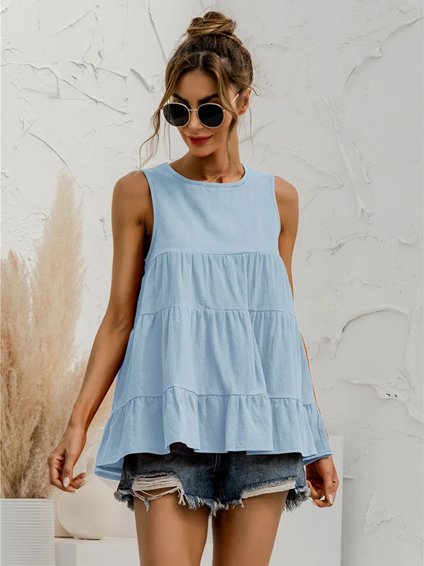 Casual Loose Sleeveless Split-Joint Solid Color Round-Neck Vest Top