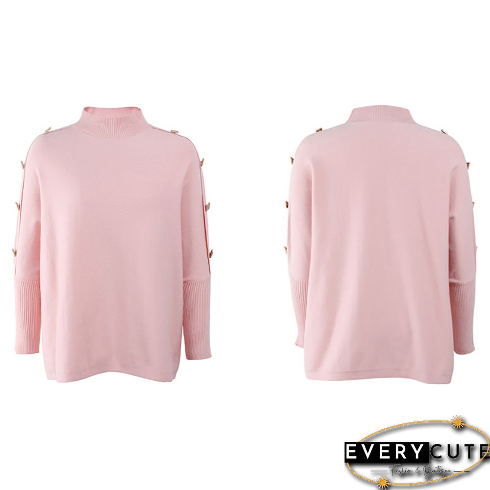 Light Pink Bat Sleeve Button Shoulder High Collar Sweater
