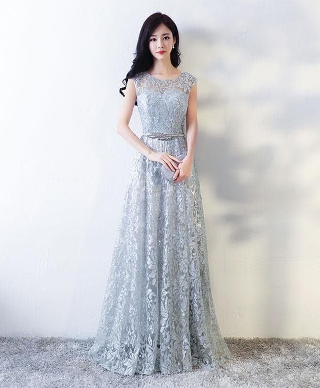 Gray Lace Tulle Long Prom Dress, Lace Evening Dress