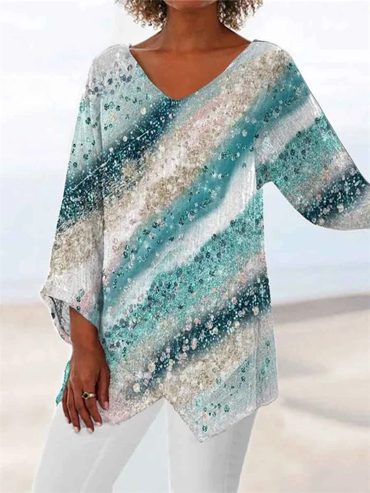 Women's New 3D Printed V-neck Nine-minute Sleeve Loose Shirt