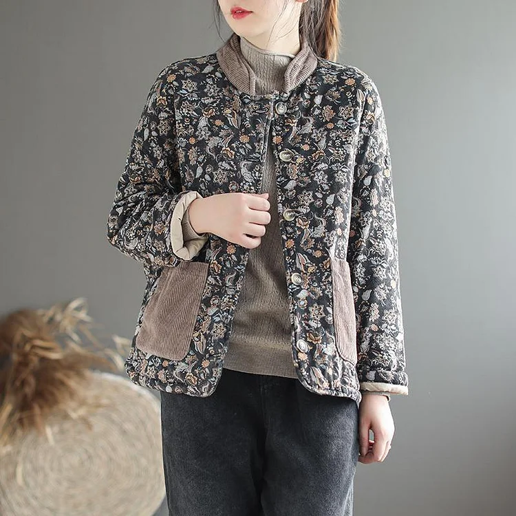 Stand Collar Floral Jacket Coat With Pockets