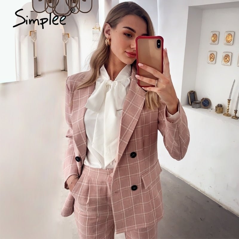 Simplee Fashion plaid women blazer suits Long sleeve double breasted blazer pants set Pink office ladies two-piece blazer sets