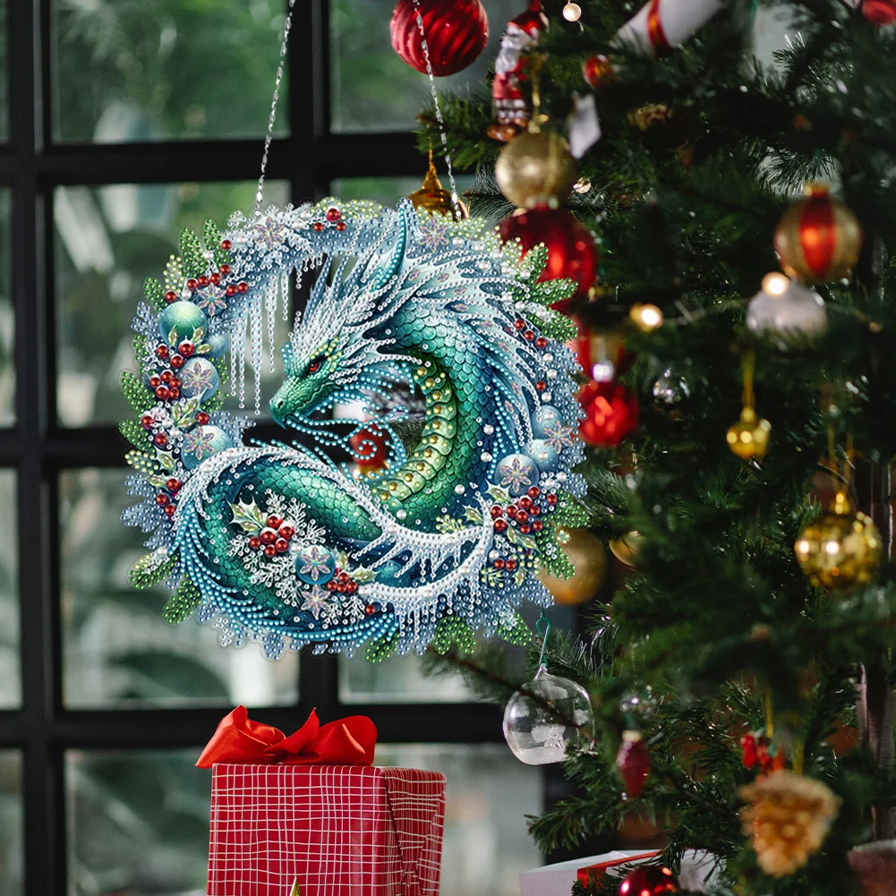 5D DIY Christmas Dragon Wreath Acrylic Special Shape Diamond Painting Art Pendants for Wall Window