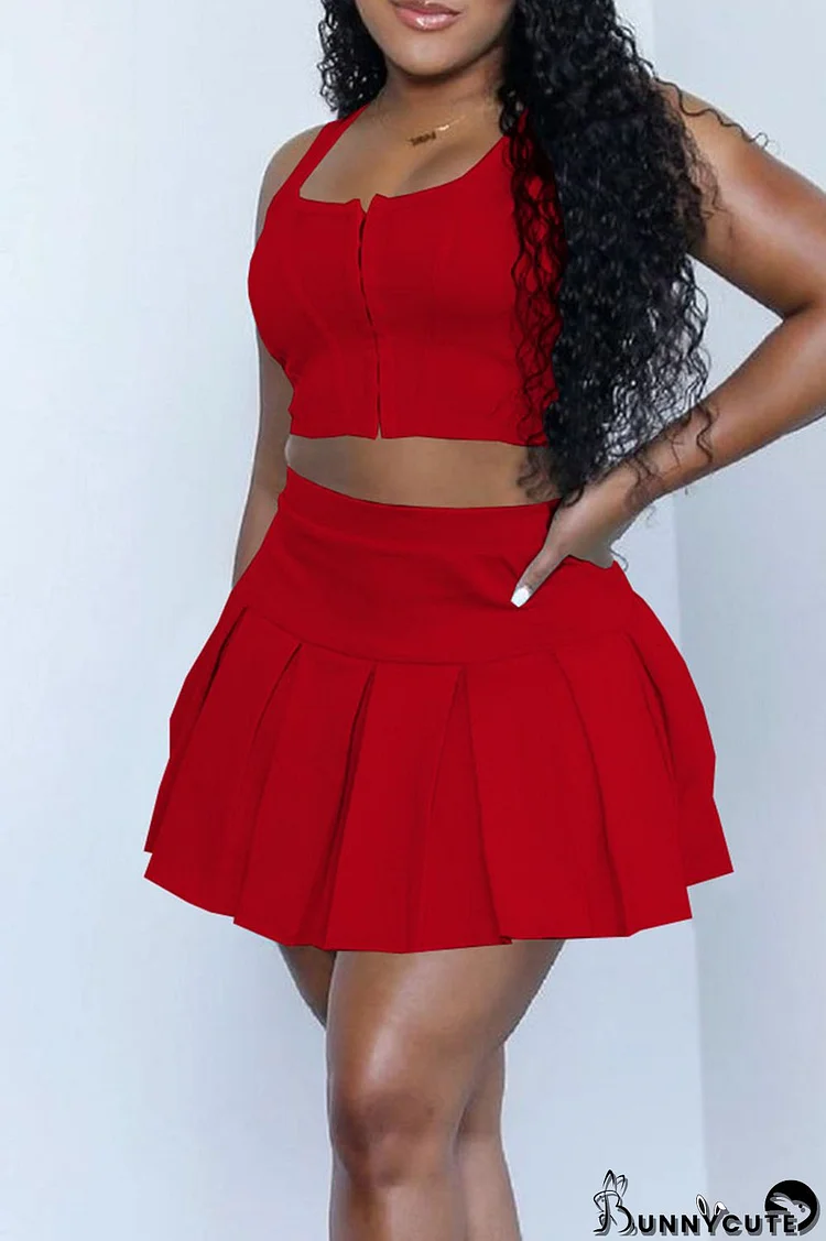 Red Sexy Solid Patchwork U Neck Sleeveless Two Pieces