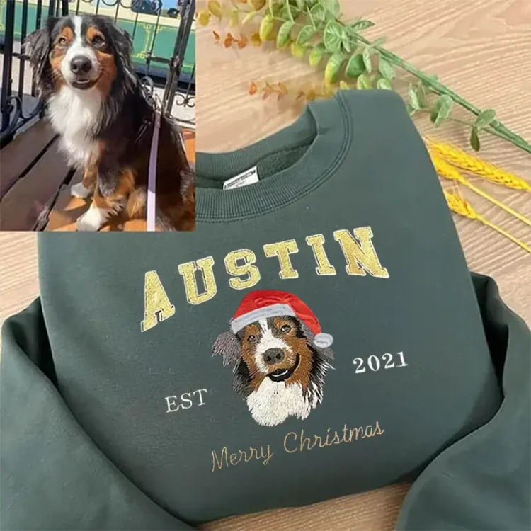 Custom Embroidered Sweatshirt With Pet Portrait and Name, Christmas Jumper Sweatshirt