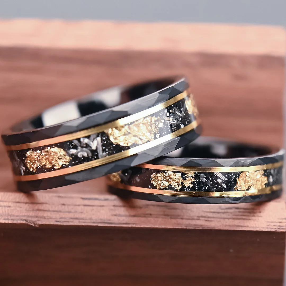 6MM 8MM Tungsten Carbide Wedding Rings Meteorite-set Gold Plate Flat Hammered Electrode Black Ring For Women And Men