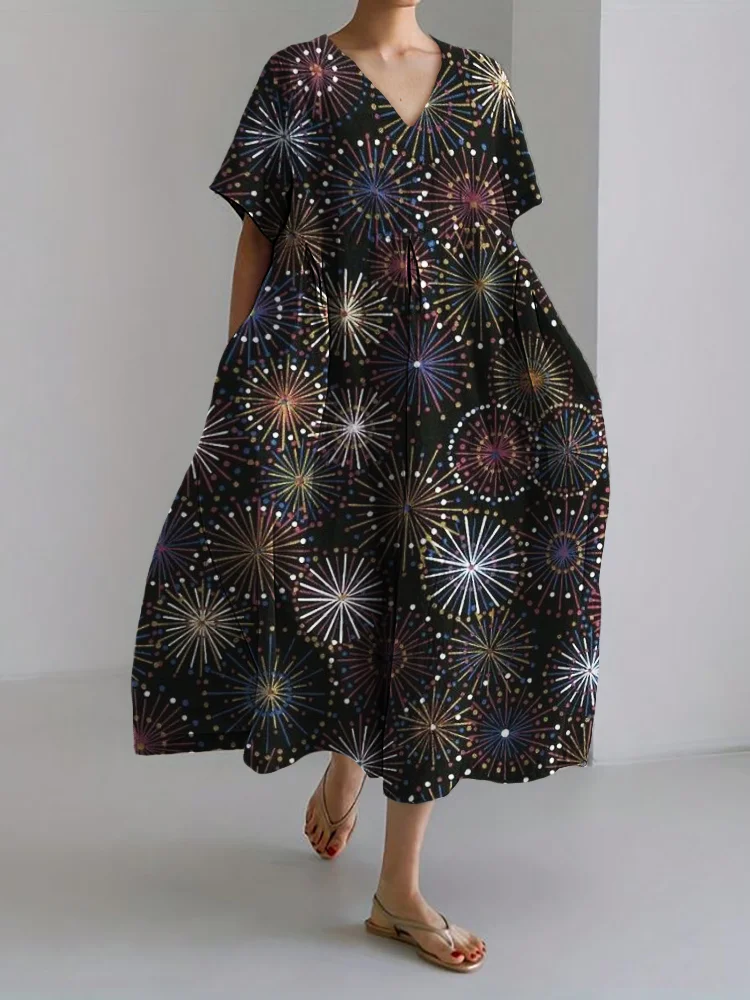 Colorful Fireworks Japanese Pattern Linen Blend Maxi Dress