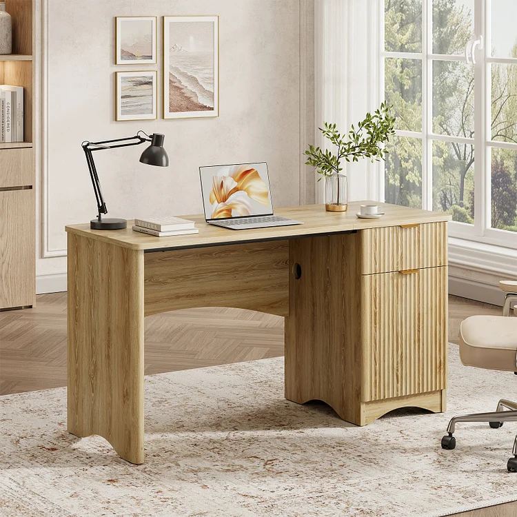 Bestier 47" Modern Fluted Executive Desk, Home Office PC Desk with Drawer & Storage Cabinet, Computer Writing Desk for Work Study Bedroom, Small Spaces