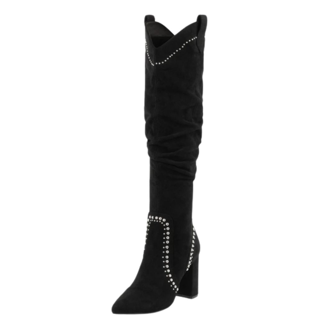 Black Vegan Suede Studs Chunky Heel Boots Knee High Boots