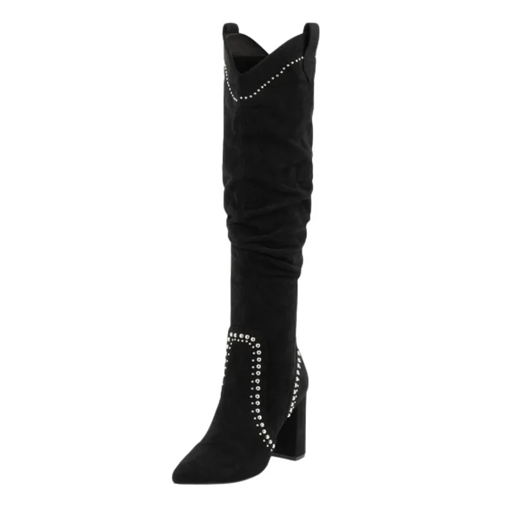 Black Vegan Suede Studs Chunky Heel Boots Knee High Boots |FSJ Shoes