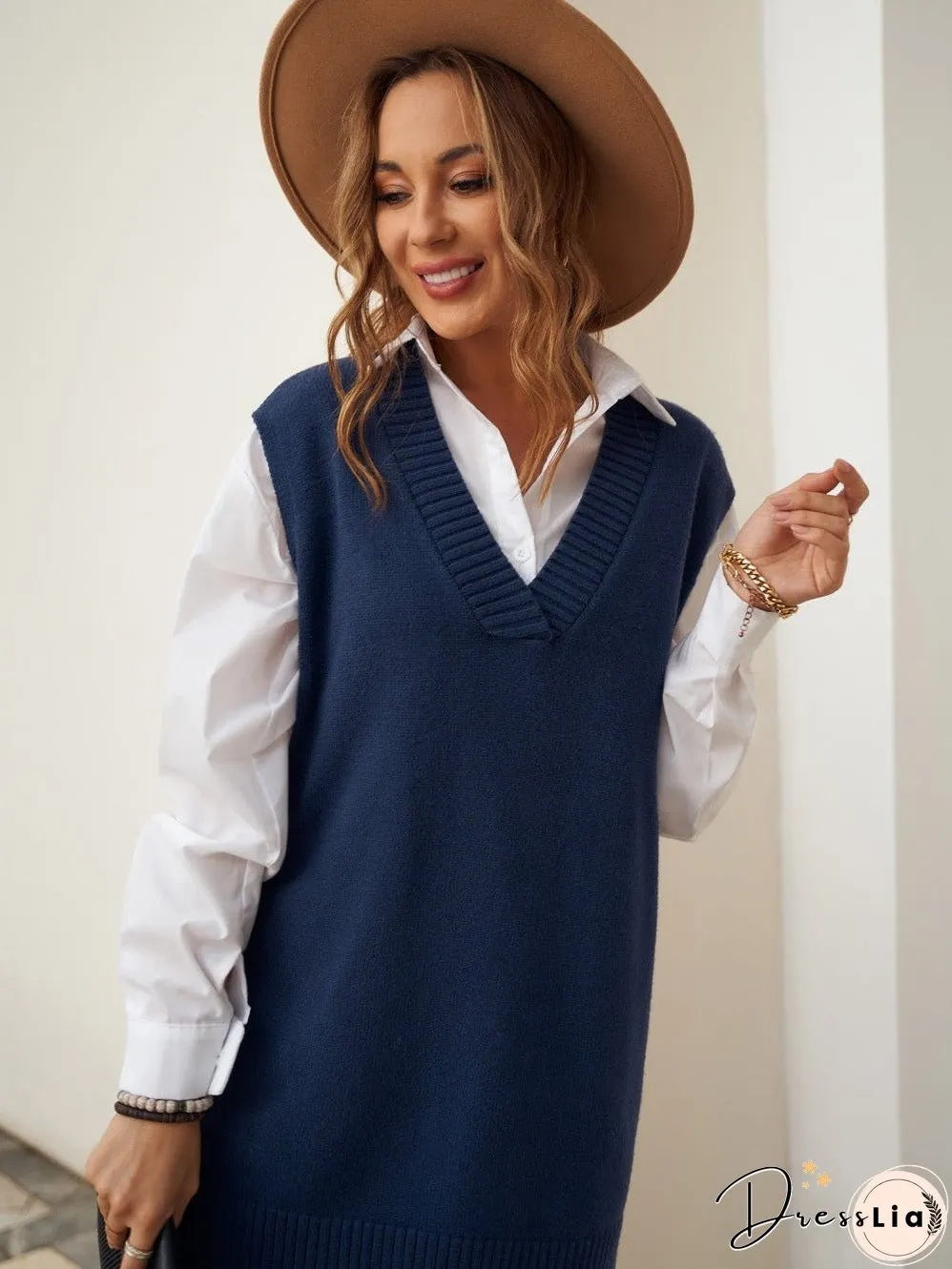 Navy Blue Ribbed Knitted Sleeveless Vest Sweater
