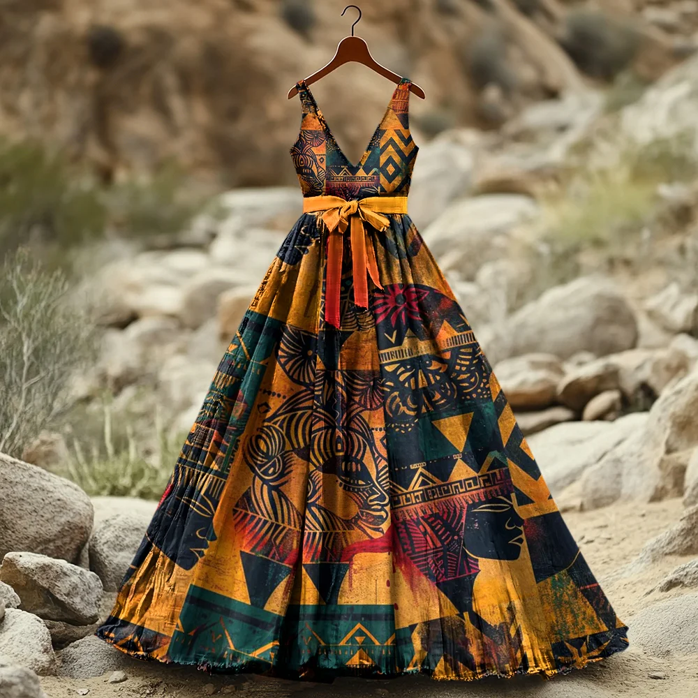Women's Vintage Juneteenth Black Pride African Geometric Art Print Long Dress