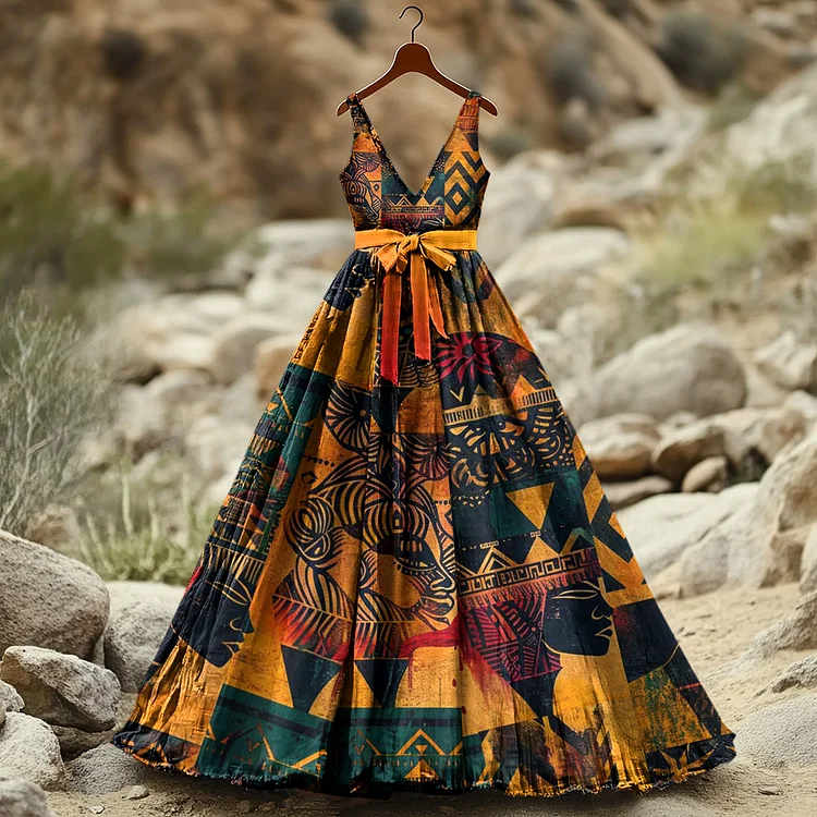 VChics Women's Vintage Juneteenth Black Pride African Geometric Art Print Long Dress