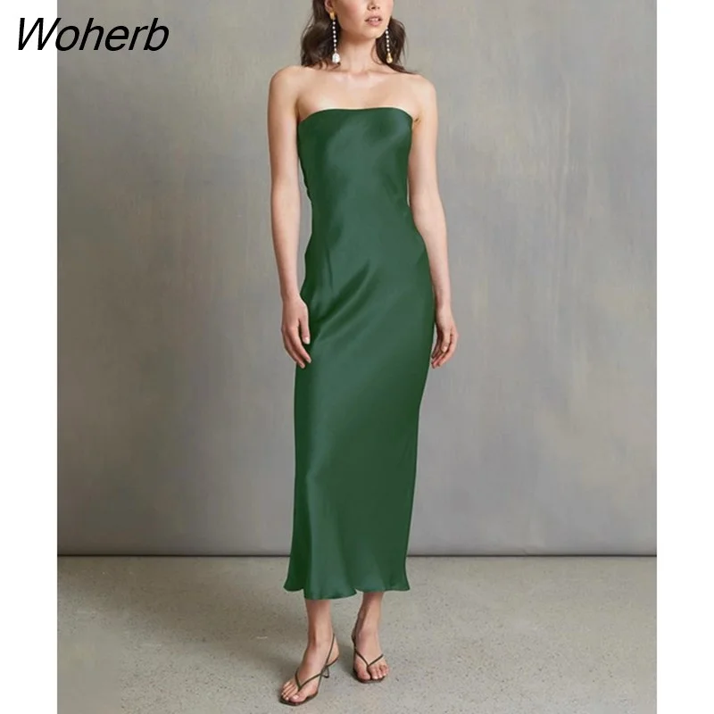Woherb Women Hollow Out Sexy Satin Dress Sleeveless Summer Tube Elegant Fashion Prom Evening Dresses Long Luxury 2023 Wedding 305-1