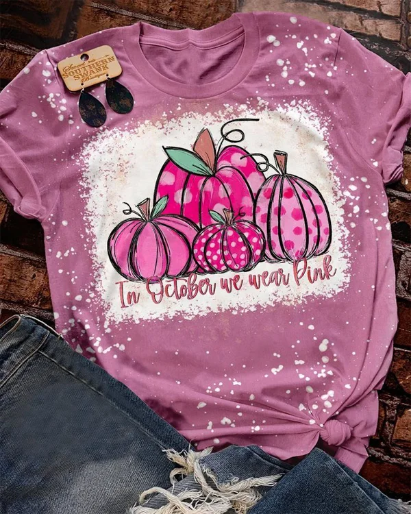 In October We Wear Pink Pumpkins Print Short Sleeve T-shirt