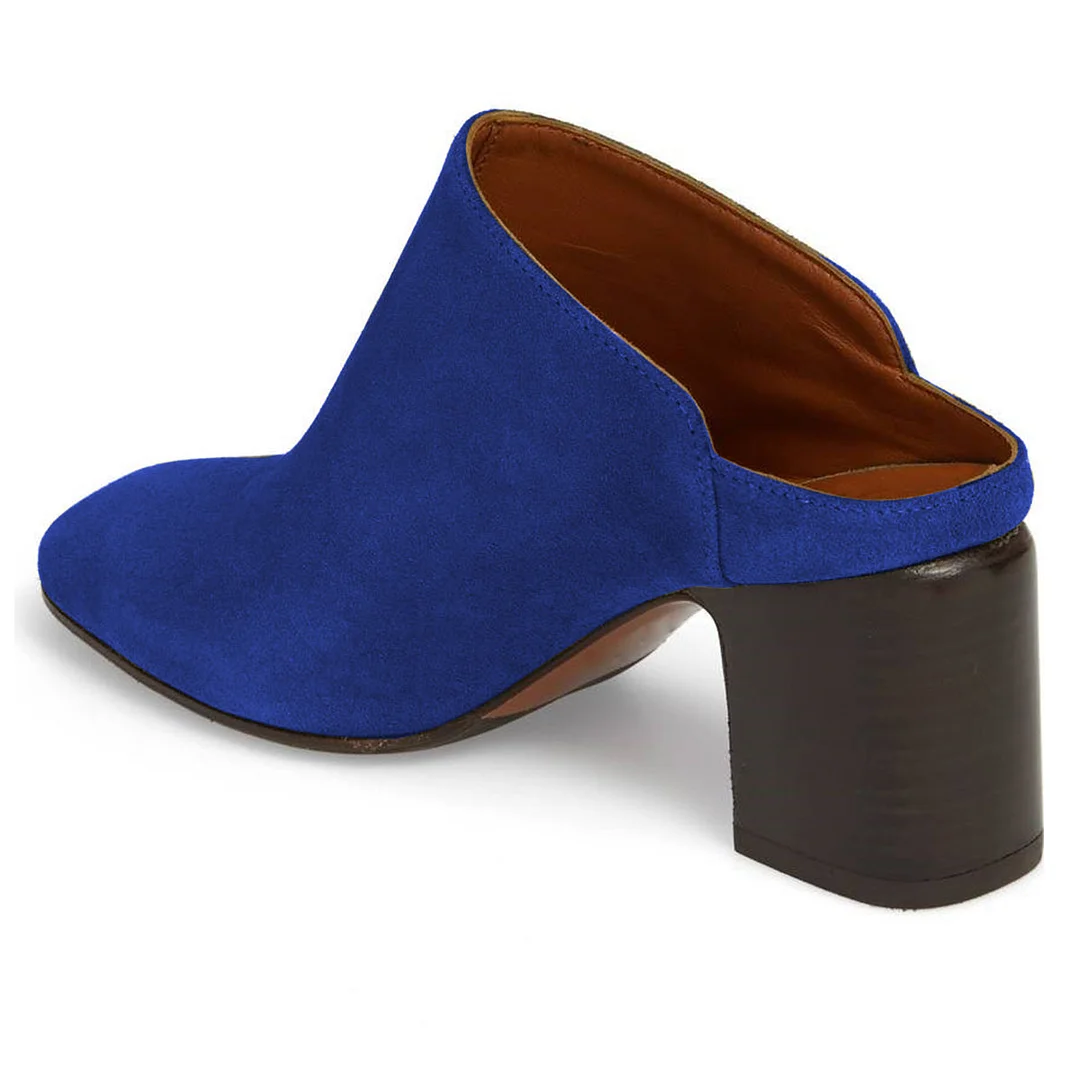 Royal Blue Slip-On Round Toe Mules for Women with Block Heel