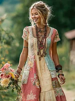 Women's Floral Color Block Round Neck Short Sleeve Long Dress