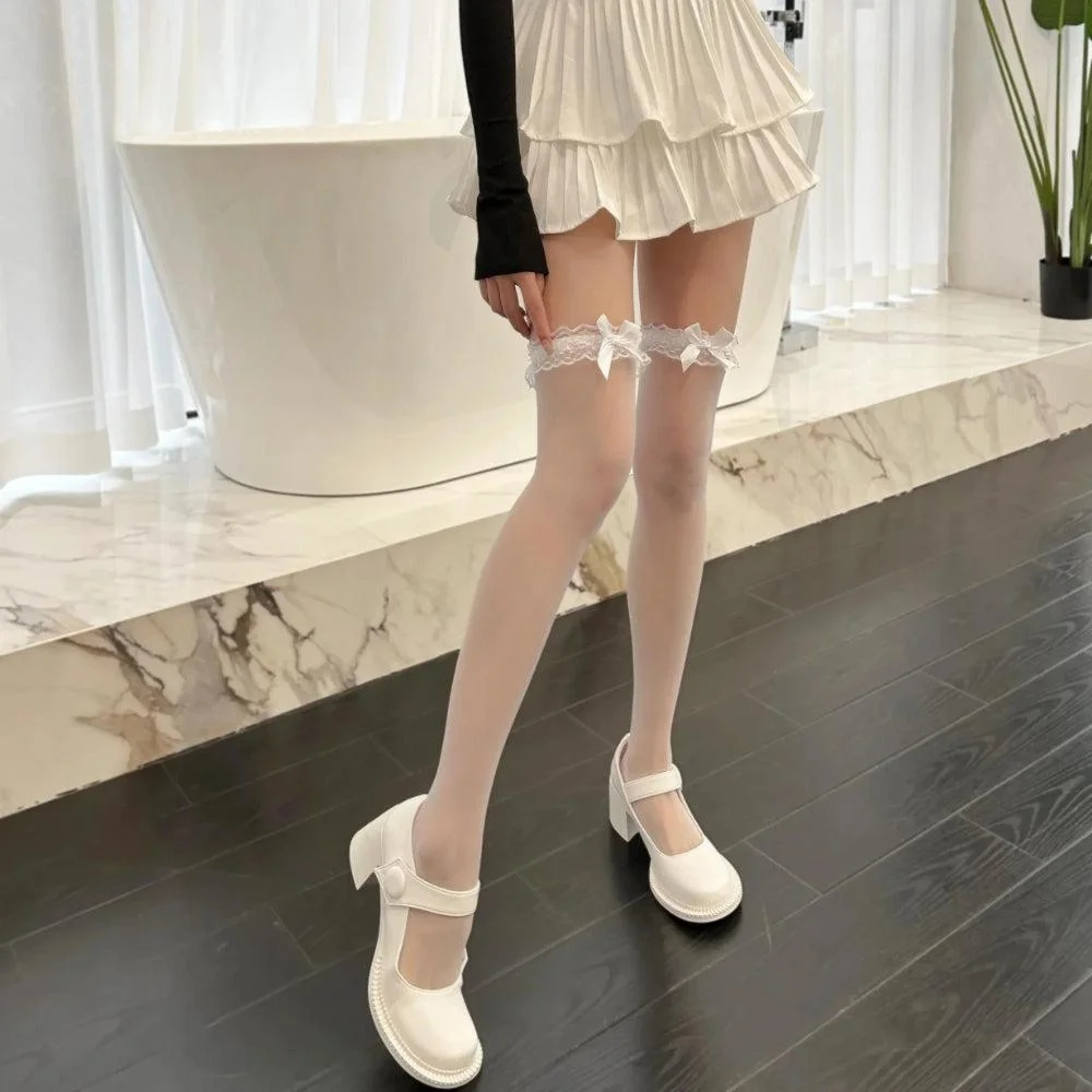 Brownm Bow Ruffled Thigh High Socks