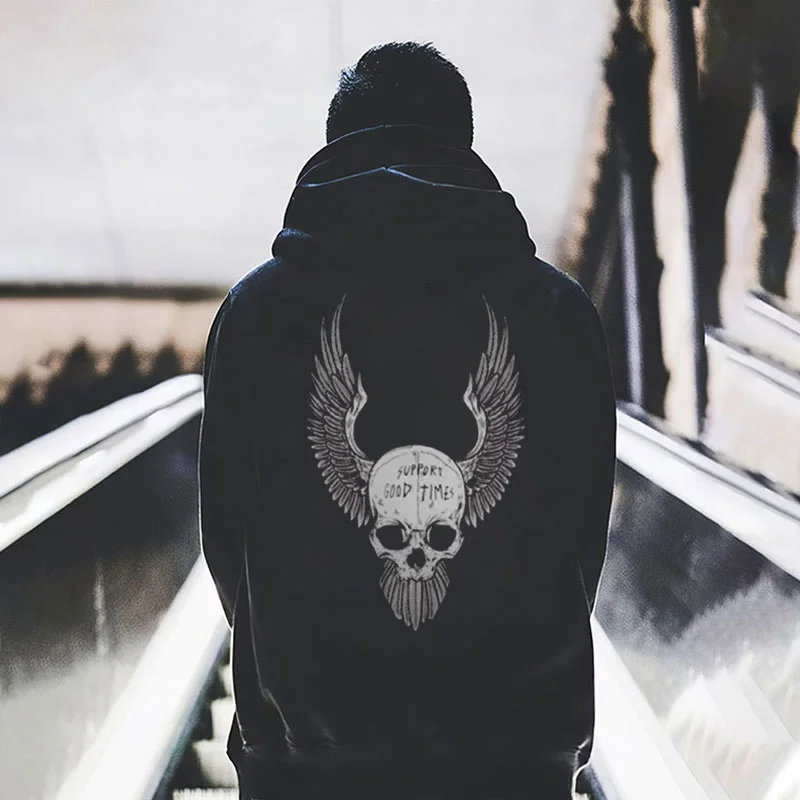 SUPPORT GOOD TIMES Skull with Wings Graphic Black Print Hoodie