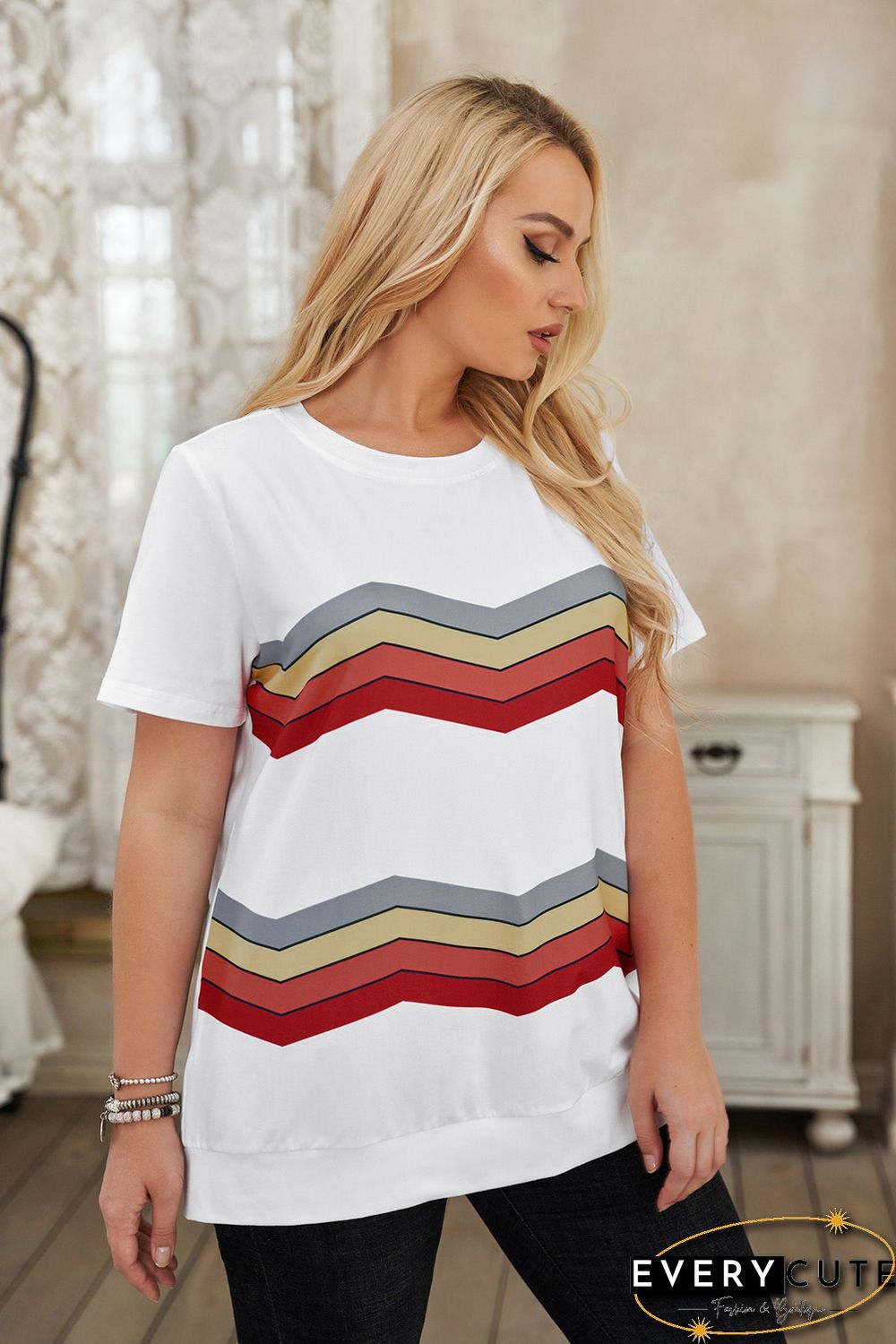 White Colorful Stripes Print Short Sleeve Plus Size Top