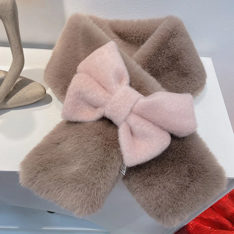 Zingj Sweet Hot Girl Pink Bow Neck Scarf Women's Autumn/Winter Faux Fur Cute Fury Scarf Fashion Female Trendy Accessories