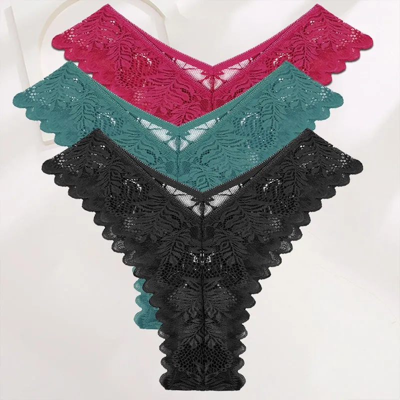FINETOO 3PCS/Set Lace Gstring Panties Women Sexy M-XL Girls Thongs Perspective Temptation New Pantys Underwear Female Intimates