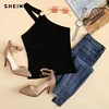 SHEIN Black Asymmetrical Neck Solid Crop Tank Top Summer Women Sexy Cold shoulder Stretchy Skinny Highstreet Sleeveless Camis 