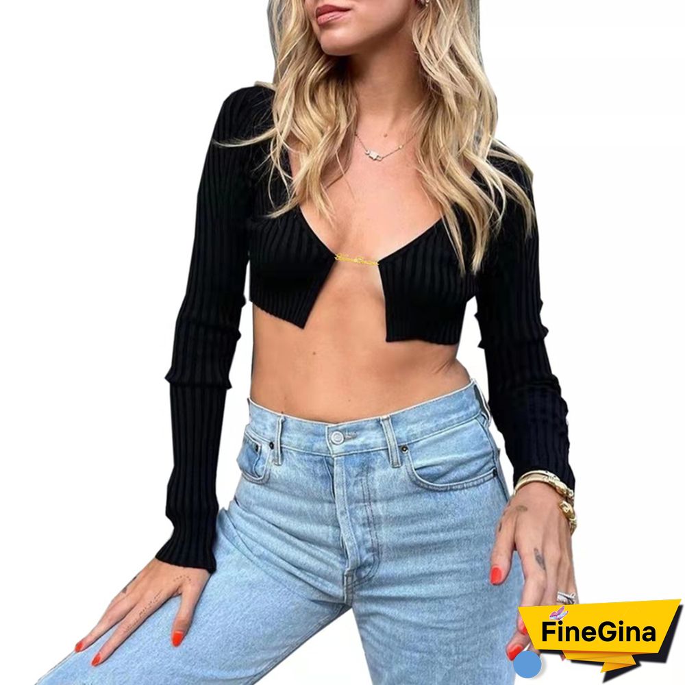 Y2k Crop Tops Women Knitted Long Sleeve Tshirt Skinny Party Clubwear Outfits Korean Fashion Cardigan Clothes