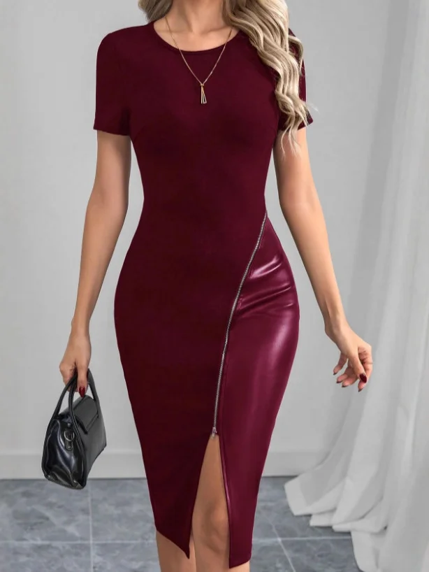 Nigikala Nigikala Zippered Short Sleeve Black PU Thighs Open Tight Dress