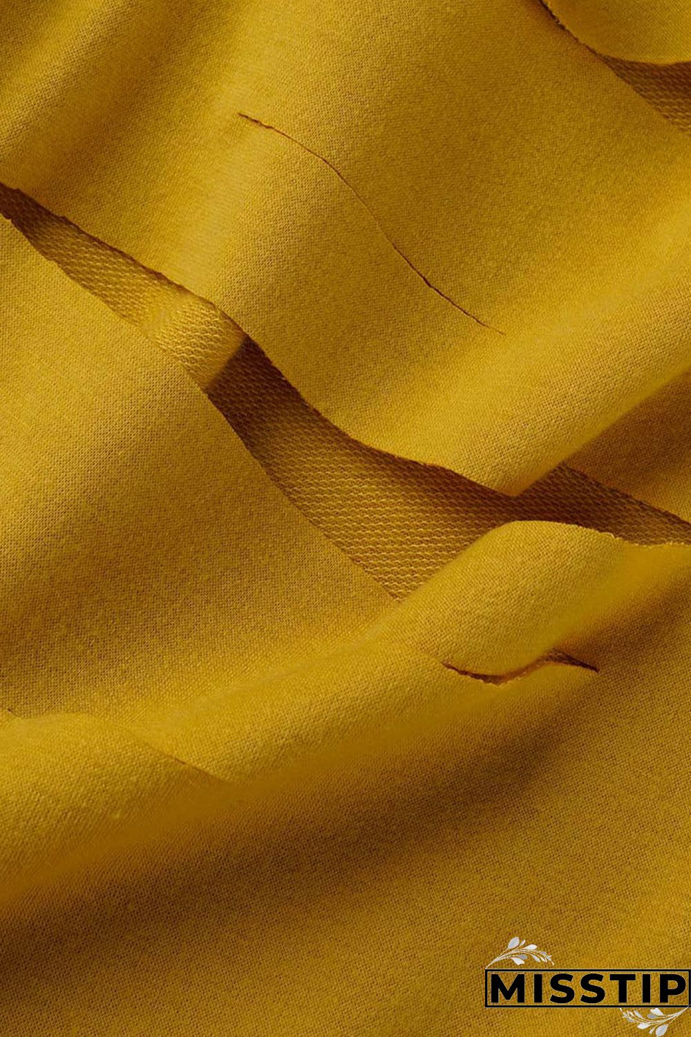 Yellow Casual Street Solid Ripped Hollowed Out Patchwork Oblique Collar Long Sleeve Two Pieces